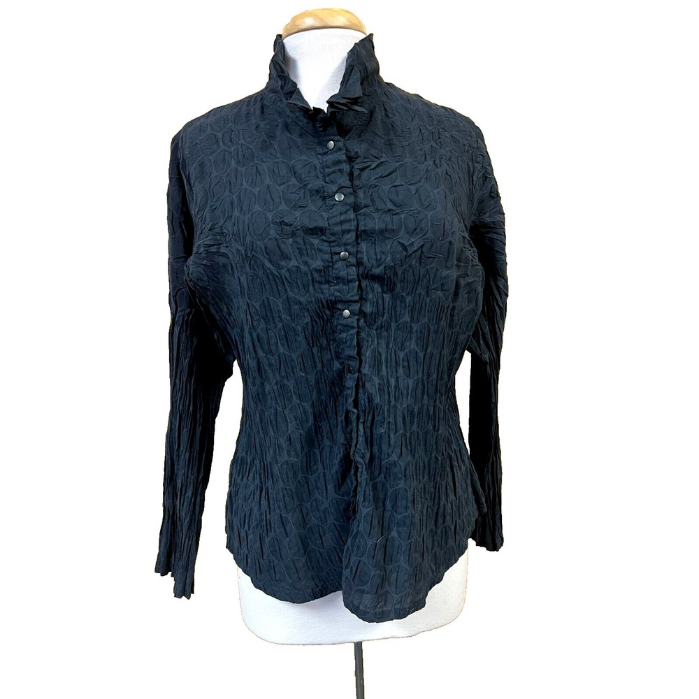 Babbette Snap Up Blouse Black Crinkle Dot Polyester Collared Long Sleeve SZ M